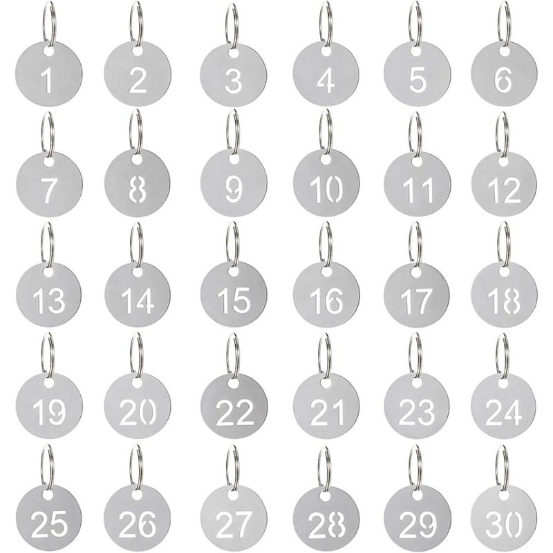 Stainless Steel Silvery Numbered Key Tags 30 Pack Numbers 1 30 for Lockers Hotel Luggage 23mm - Image 1