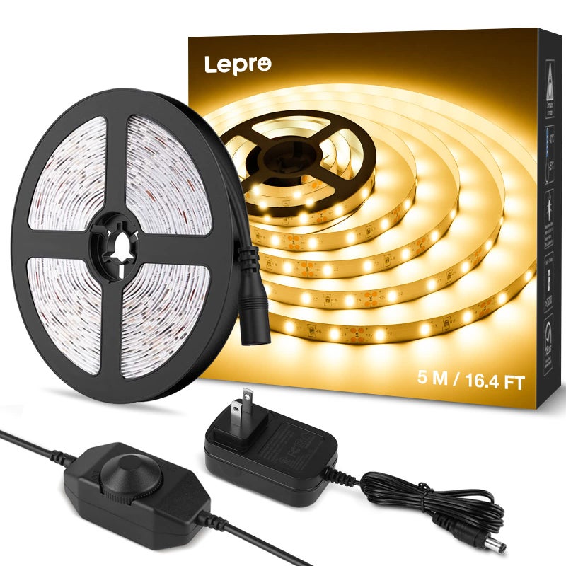 Lepro LED Strip Light White, 16.4Ft Dimmable Vanity Lights, 3000K Super Bright LED Tape Lights, 300 LEDs SMD 2835, Strong 3M Adhesive, Suitable for Home, Kitchen, Under Cabinet, Bedroom, Warm White - Image 1