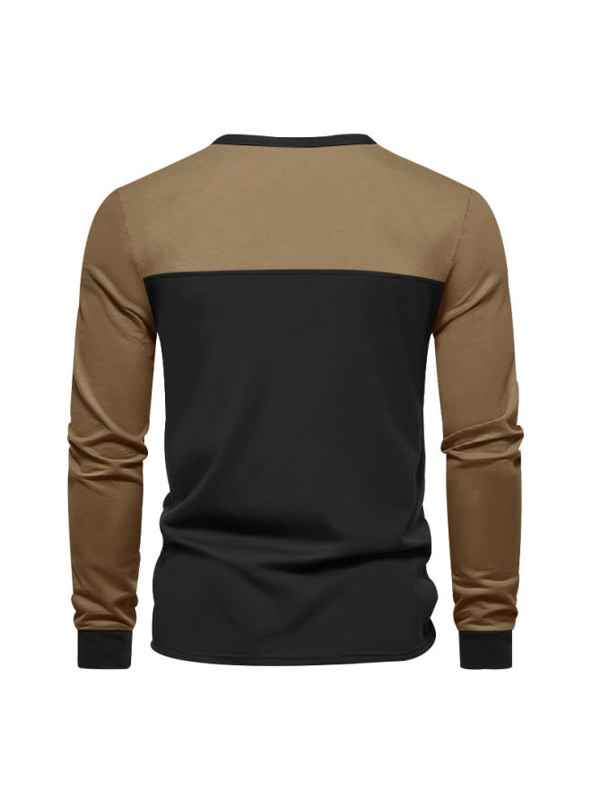 European And American Men's Autumn Henley Collar Color Block American Style Base Shirt Casual Oversized Long Sleeve T-shirt Men