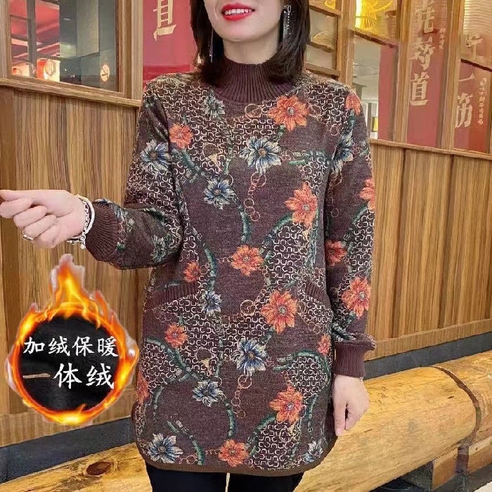 Composite fleece-lined Thickened Autumn and Winter Wear Middle-aged and Elderly Womens Color Mothers Wear Belly-covering Foreign Style Top Mid-length Base Shirt brown composite velvet] 