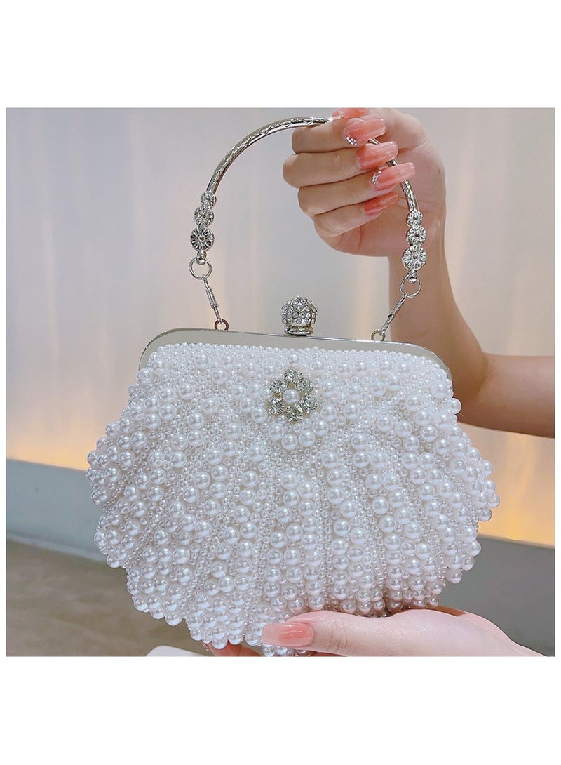 Vintage Pearl Shell Evening Bag – Handmade Beaded Small Handbag, Elegant Chain Shoulder Bag, Perfect for Party, Wedding & Gift, White  - Image 1