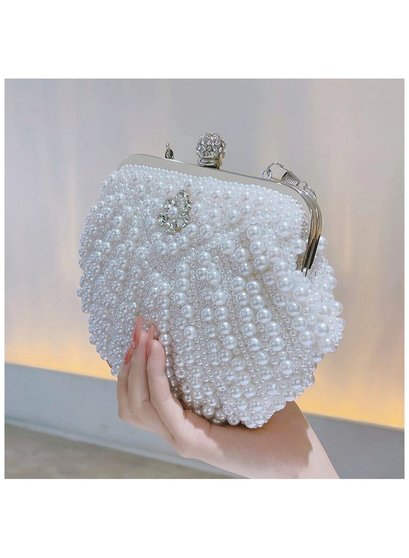 Vintage Pearl Shell Evening Bag – Handmade Beaded Small Handbag, Elegant Chain Shoulder Bag, Perfect for Party, Wedding & Gift, White  - Image 3
