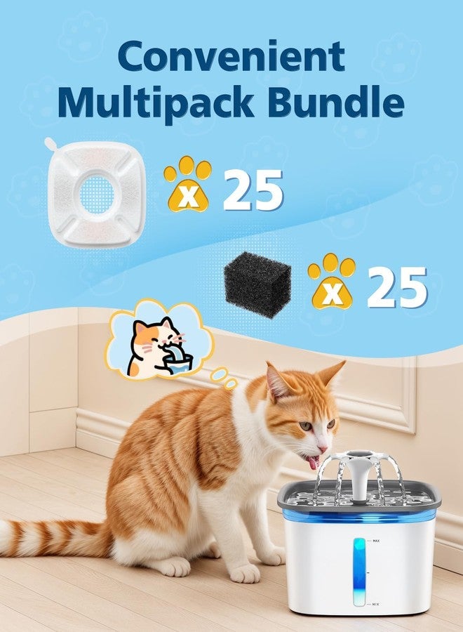 Beckacher 50 Pcs Cat Water Fountain Filters for Veken 95oz/2.8L, 67oz, 85oz, 135oz Dog Water Fountain Automatic Pet Fountain Dog Water Dispenser 25Pcs Pet Fountain Filter Replacement & 25Pcs Pre-Filter Sponges - Image 2