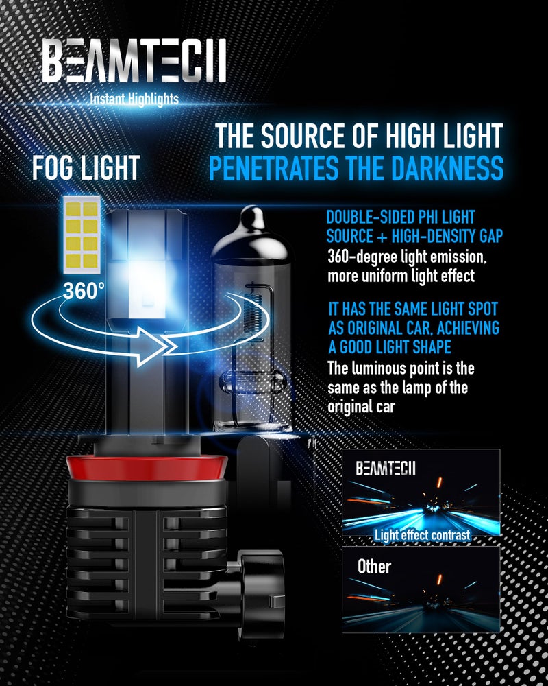 BEAMTECH H11 Bulb, H8 H9 Fog Light Fanless in Line 6500K White Pack of 2 - Image 3