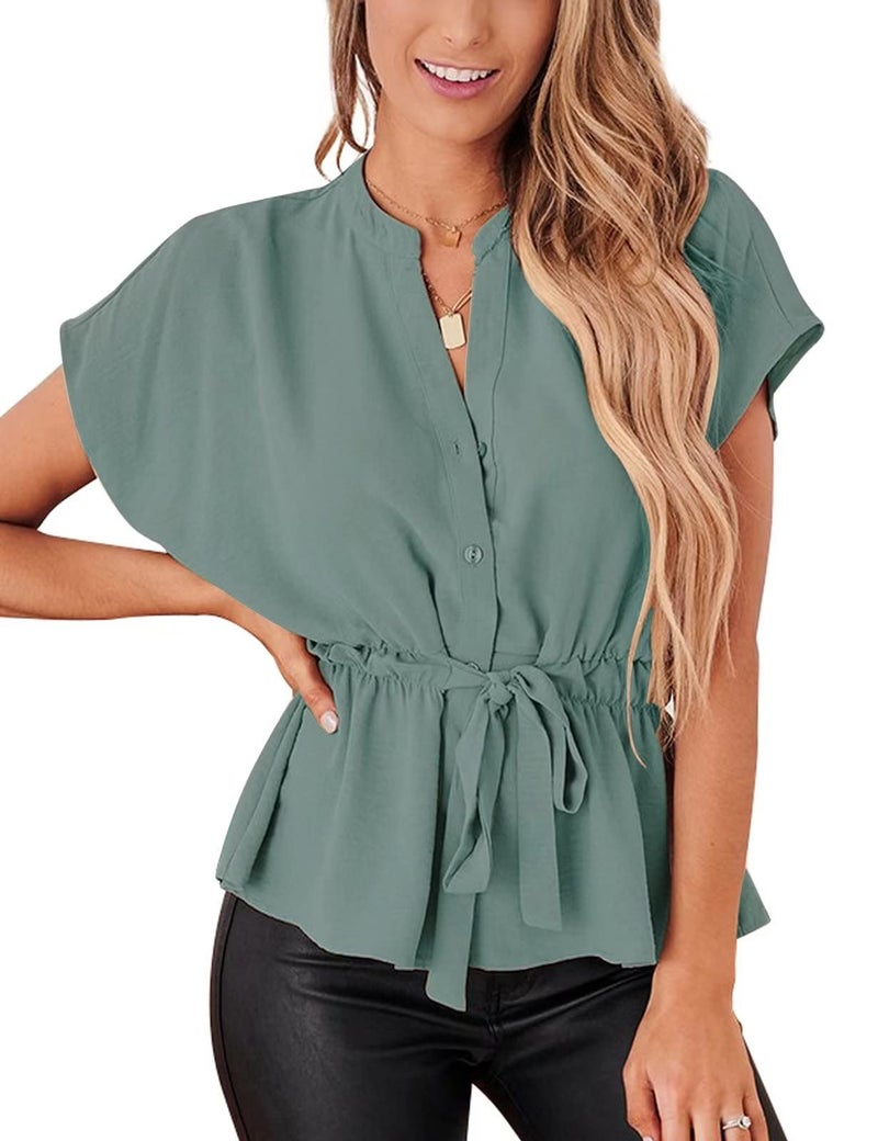 CiCiBird Womens Button Down Blouses Casual Peplum Summer Tops Dressy Chiffon Work Blouse Turquoise - Image 3