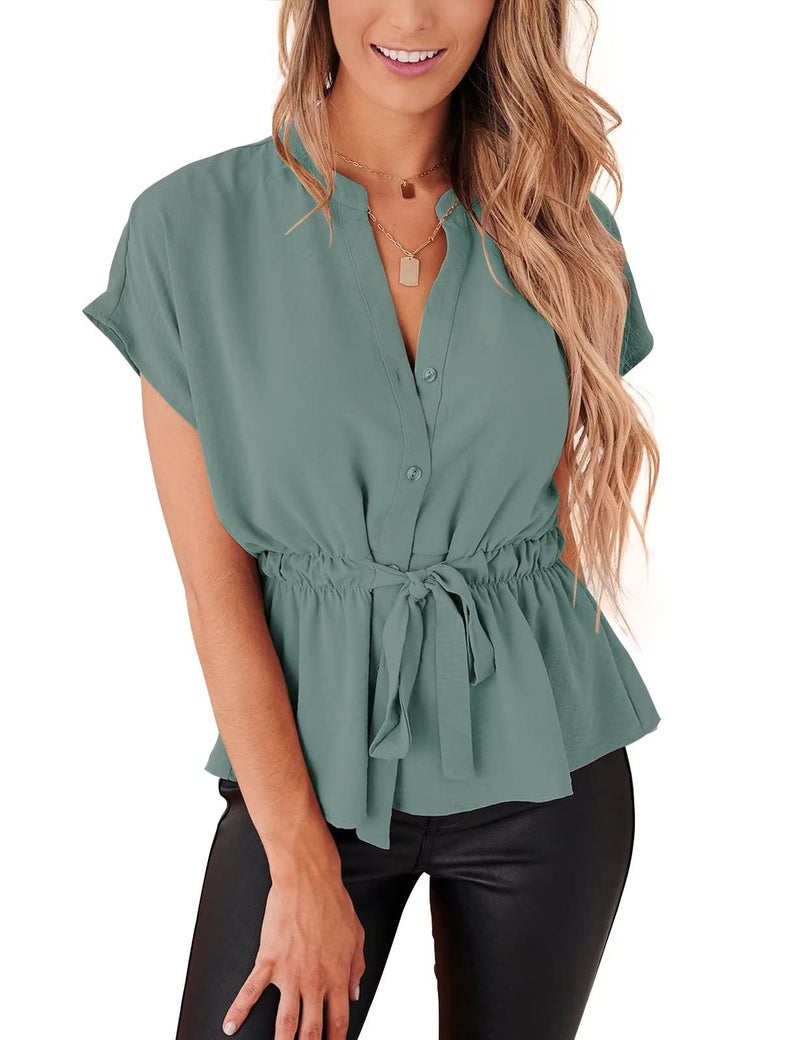 CiCiBird Womens Button Down Blouses Casual Peplum Summer Tops Dressy Chiffon Work Blouse Turquoise - Image 1
