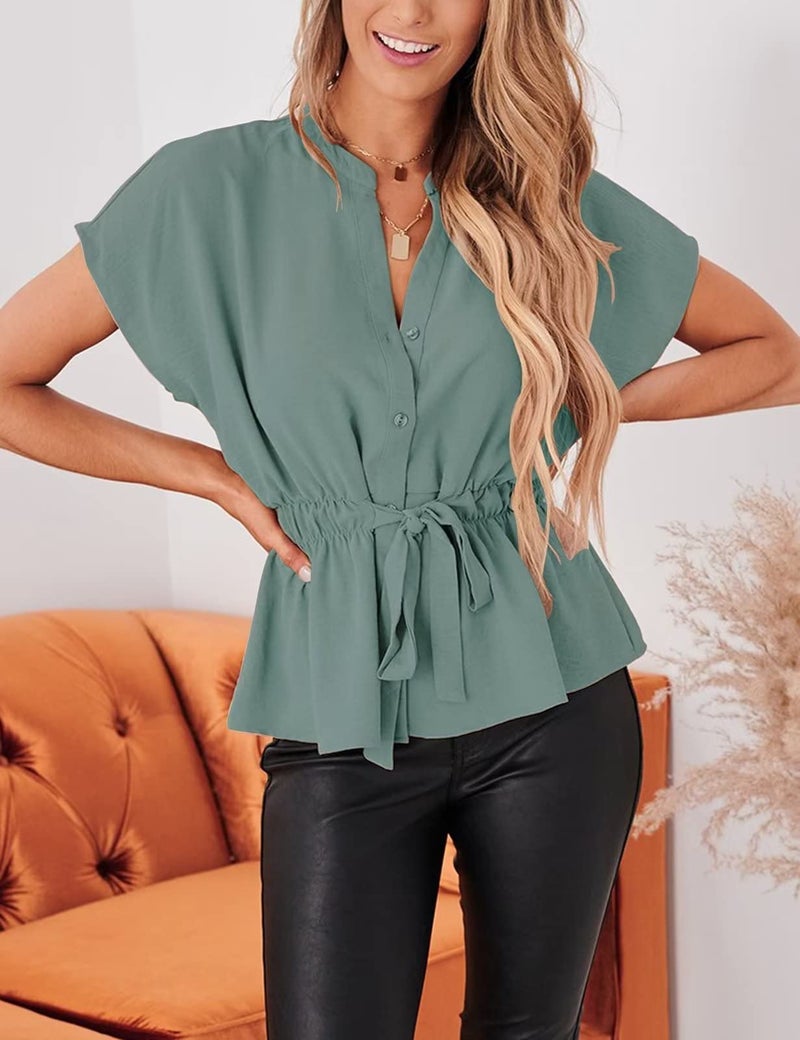 CiCiBird Womens Button Down Blouses Casual Peplum Summer Tops Dressy Chiffon Work Blouse Turquoise - Image 4