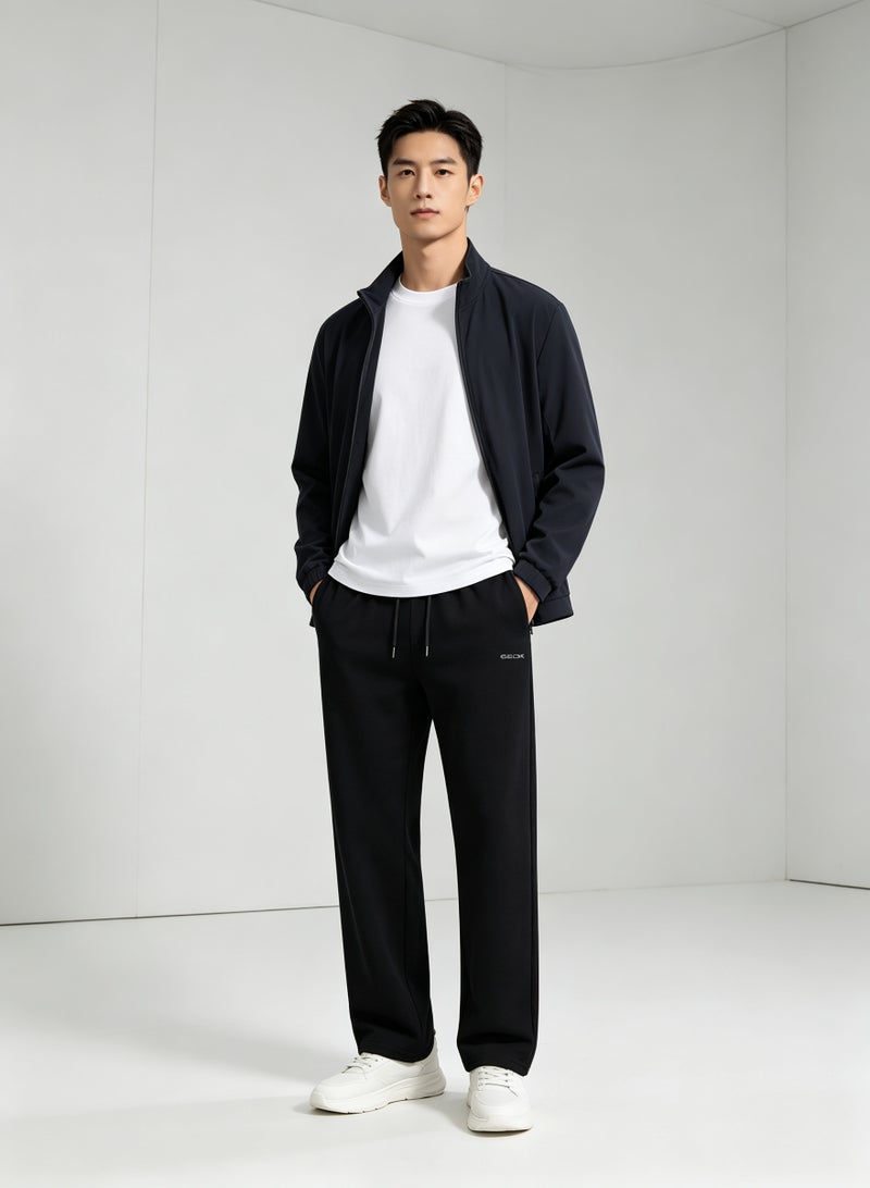 GEOX Unisex Wide Leg Sweatpants, Elastic Drawstring Waist Casual Lounge Trousers With Side Pockets, Black - Image 1