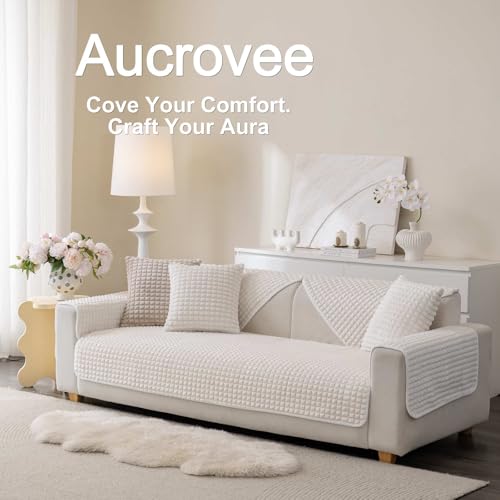 Aucrovee Soft Plush Plaid Couch Cover Washable, Non Slip Fleece Sectional Sofa Covers for 3 Cushion Couch Sofa L Sharped Sofa Slipcover for Pets, Furniture Protector (1 PCS 36"x36" White) - Image 3
