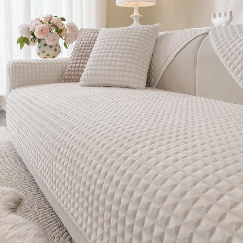 Aucrovee Soft Plush Plaid Couch Cover Washable, Non Slip Fleece Sectional Sofa Covers for 3 Cushion Couch Sofa L Sharped Sofa Slipcover for Pets, Furniture Protector (1 PCS 36"x36" White) - Image 1