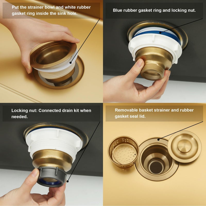 LQS Kitchen Sink Drain Strainer Assembly, Sink Drain 304 Stainless Steel with Removable Deep Waste Basket and Sealing Lid 3-1/2-inch Golden - Image 4