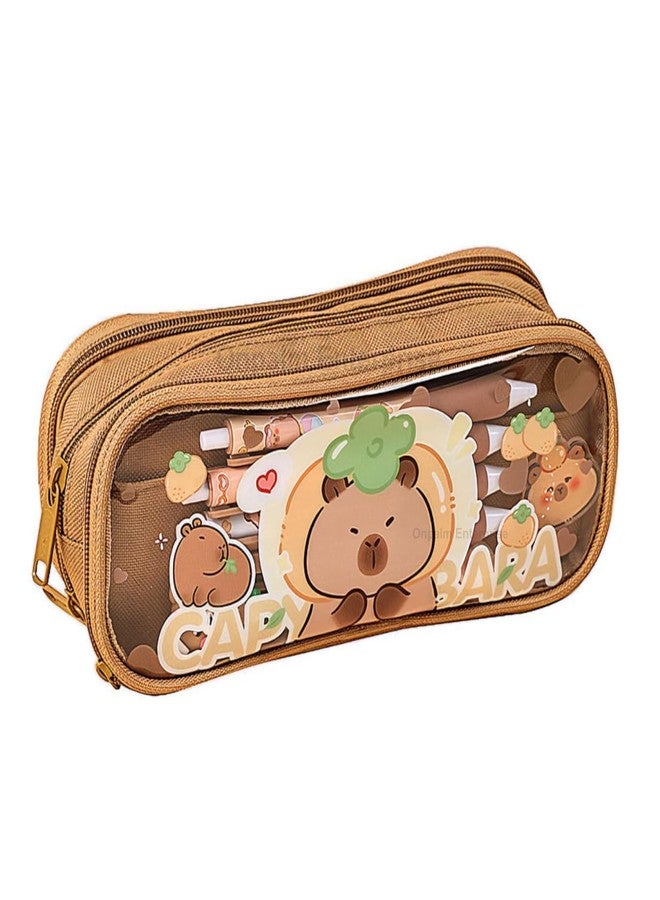 GETNAKSH Canvas Large Capacity Transparent Cute Cartoon Print Pencil Case Three Compartment Aesthetic Pencil Case for Girls Multifunctional Stationery Pouch for School (Transparent Sweet Cake) - Image 1