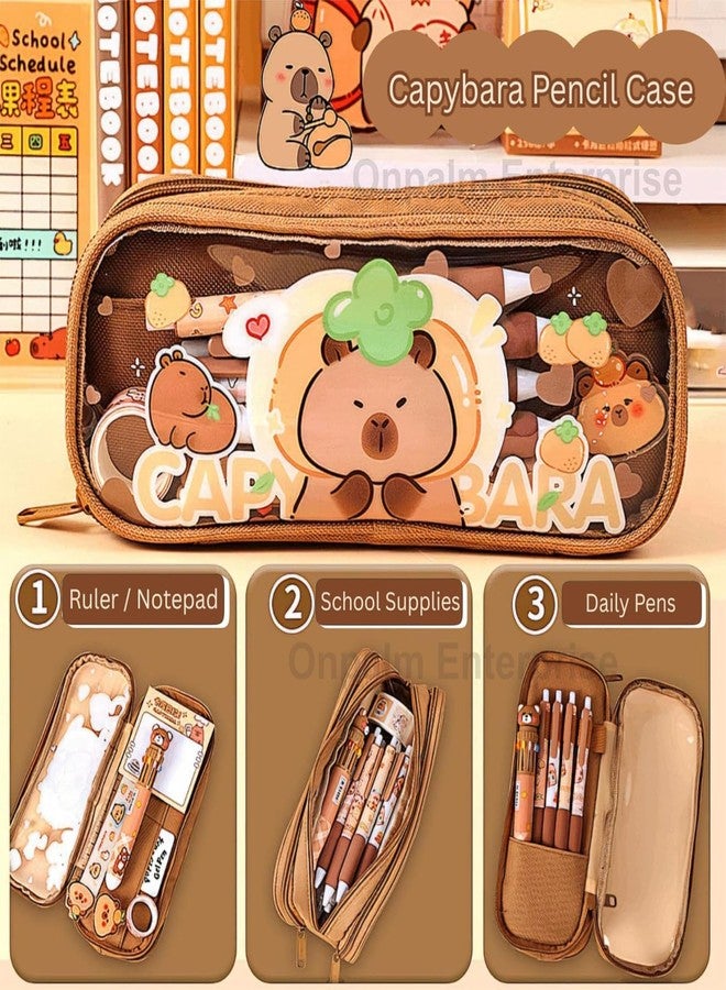 GETNAKSH Canvas Large Capacity Transparent Cute Cartoon Print Pencil Case Three Compartment Aesthetic Pencil Case for Girls Multifunctional Stationery Pouch for School (Transparent Sweet Cake) - Image 2