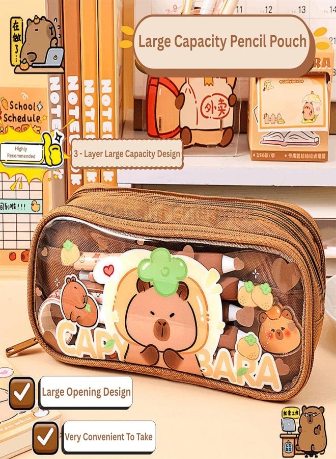 GETNAKSH Canvas Large Capacity Transparent Cute Cartoon Print Pencil Case Three Compartment Aesthetic Pencil Case for Girls Multifunctional Stationery Pouch for School (Transparent Sweet Cake) - Image 5