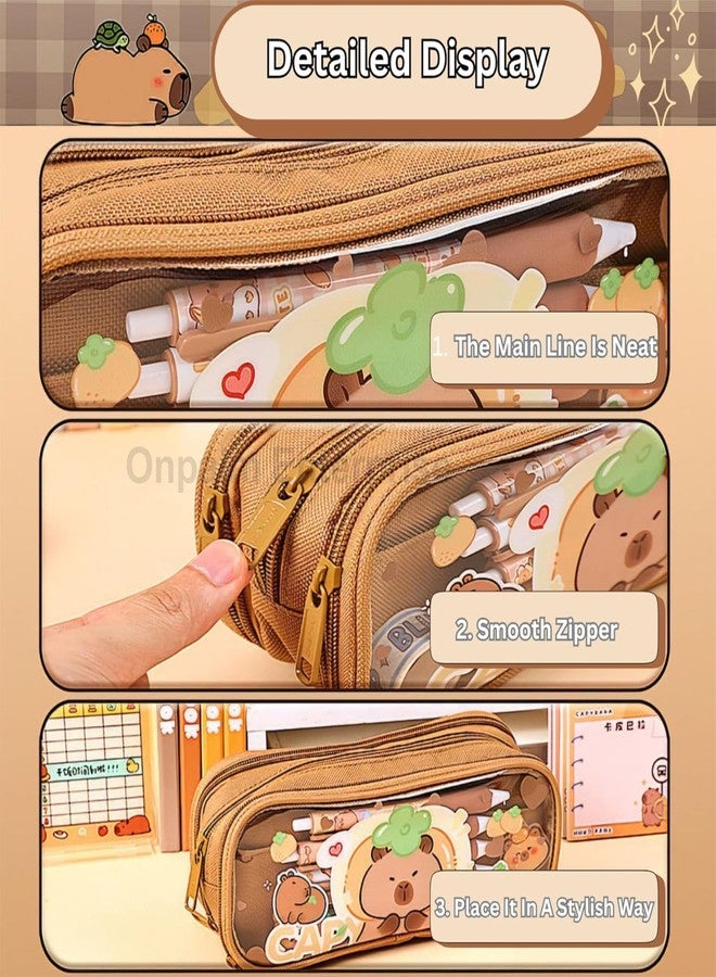 GETNAKSH Canvas Large Capacity Transparent Cute Cartoon Print Pencil Case Three Compartment Aesthetic Pencil Case for Girls Multifunctional Stationery Pouch for School (Transparent Sweet Cake) - Image 4