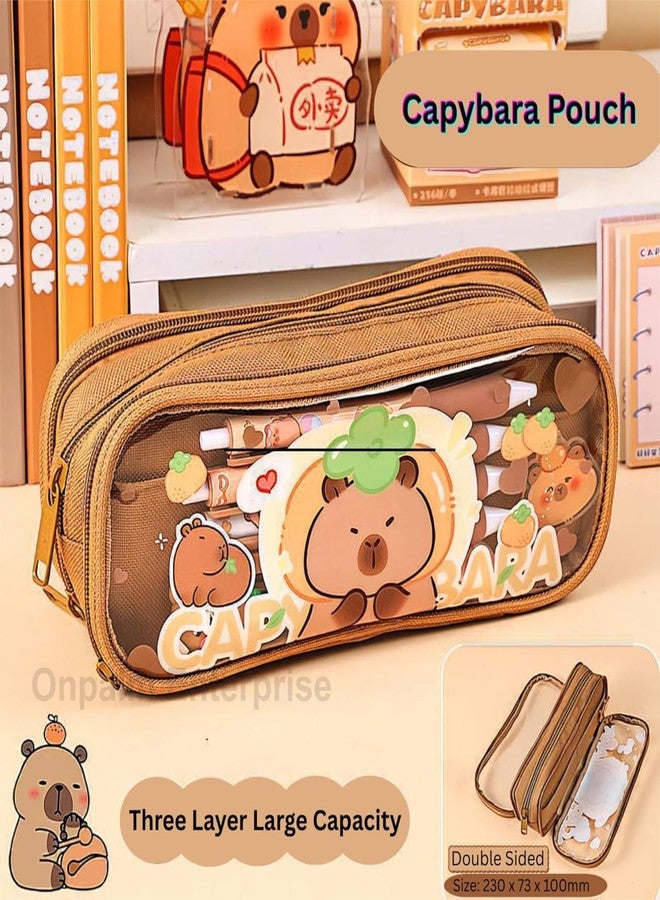 GETNAKSH Canvas Large Capacity Transparent Cute Cartoon Print Pencil Case Three Compartment Aesthetic Pencil Case for Girls Multifunctional Stationery Pouch for School (Transparent Sweet Cake) - Image 3