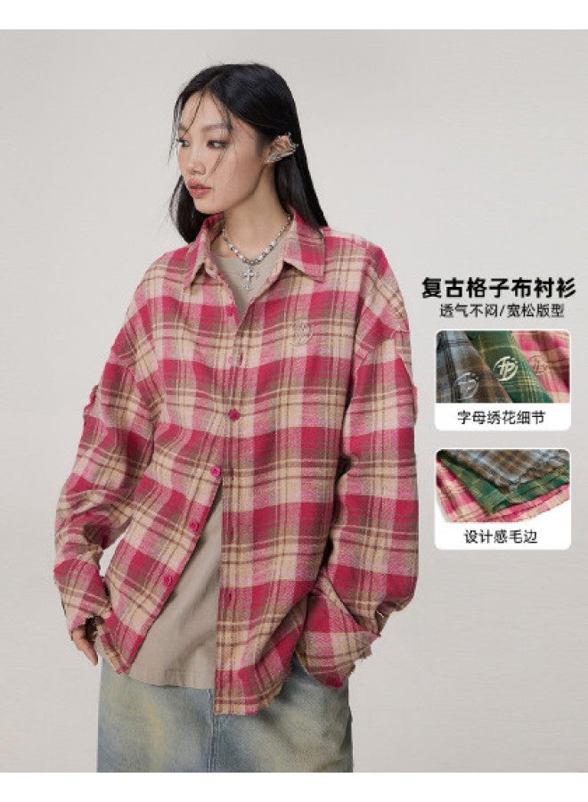 EPTISON Spring Shirt For Women With Premium Vintage Checkered Pattern, Long Sleeve Frayed Embroidered Loose Fit Unisex Shirt For Men And Women - Image 1