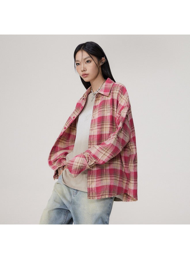 EPTISON Spring Shirt For Women With Premium Vintage Checkered Pattern, Long Sleeve Frayed Embroidered Loose Fit Unisex Shirt For Men And Women - Image 4
