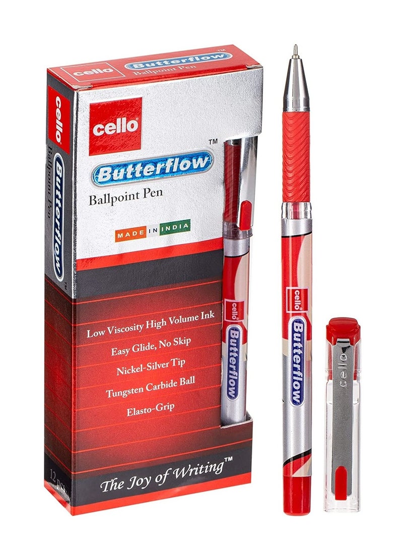 Cello 12-Piece Butterflow Ballpoint Pen 0.7mm Tip Red Ink - Image 1