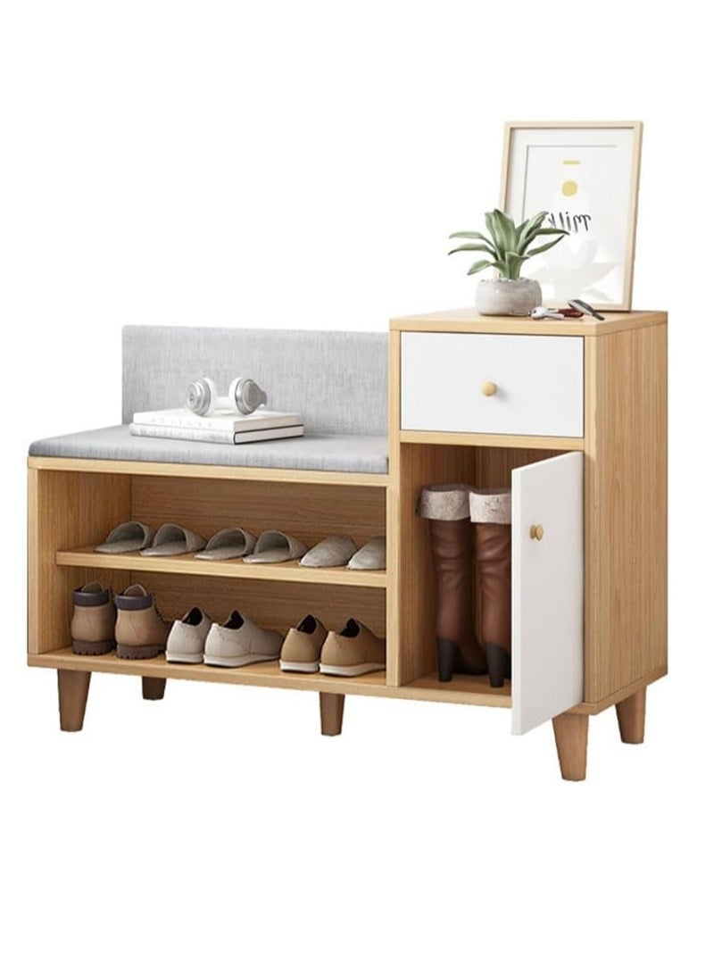 Generic Shoe Storage Bench,Wooden Shoe Bench with Seating/Backrest/Side Cabinet,Double Open Shelves Shoe Cabinet with Soft Cushion Seat for Entryway Hallway,Living Room Bedroom Shoe Rack Storage Bench (YN008)  - Image 1
