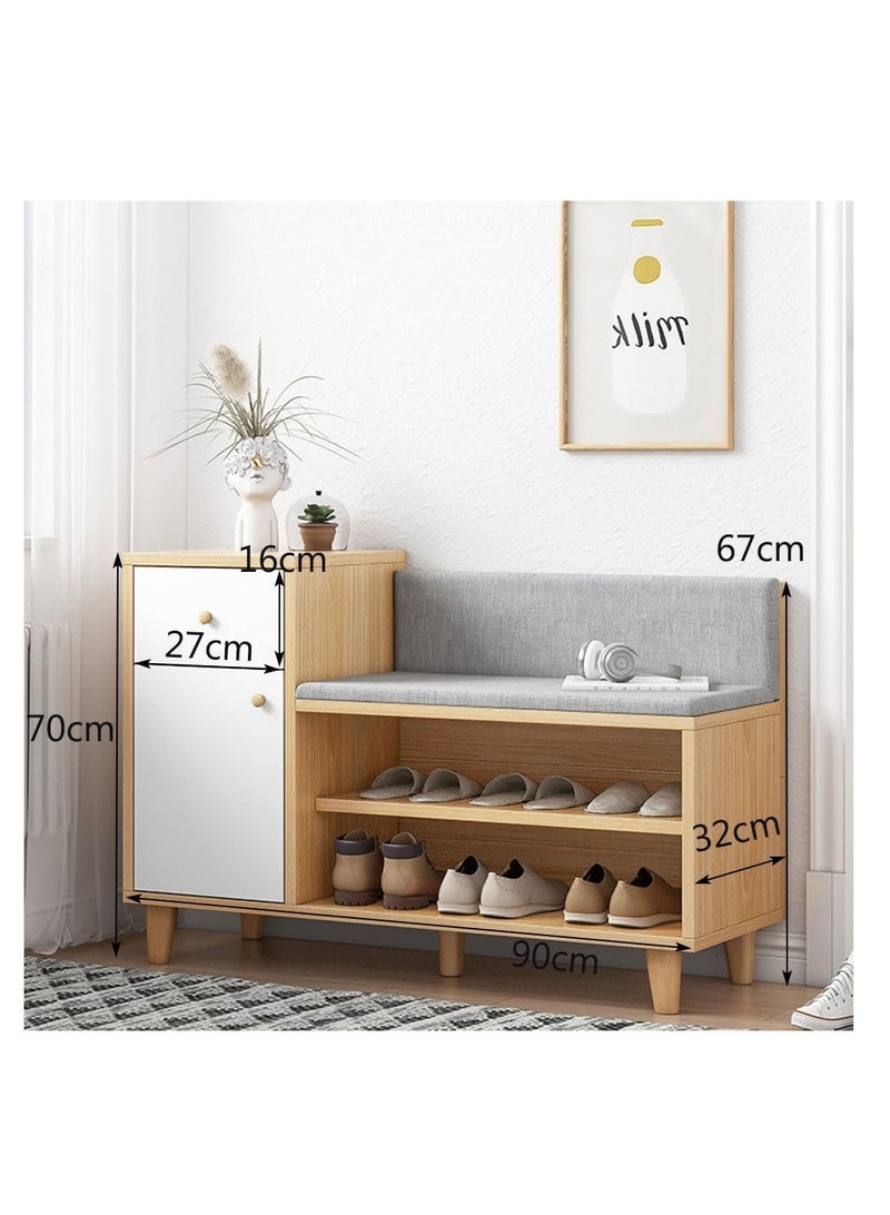 Generic Shoe Storage Bench,Wooden Shoe Bench with Seating/Backrest/Side Cabinet,Double Open Shelves Shoe Cabinet with Soft Cushion Seat for Entryway Hallway,Living Room Bedroom Shoe Rack Storage Bench (YN008)  - Image 2