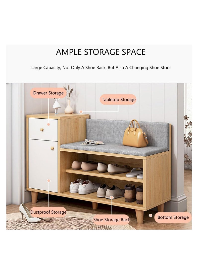 Generic Shoe Storage Bench,Wooden Shoe Bench with Seating/Backrest/Side Cabinet,Double Open Shelves Shoe Cabinet with Soft Cushion Seat for Entryway Hallway,Living Room Bedroom Shoe Rack Storage Bench (YN008)  - Image 3