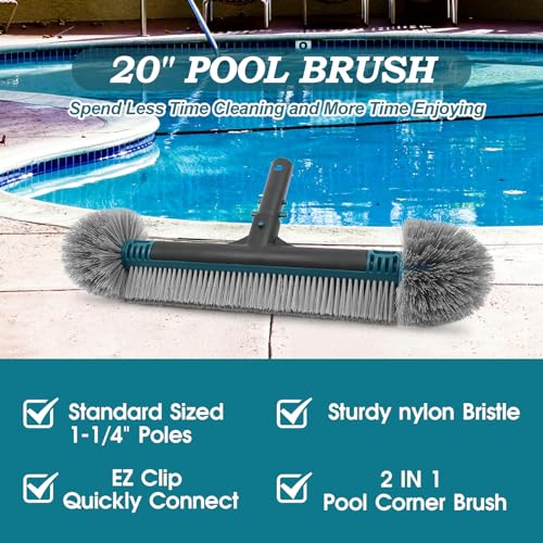 POOLWHALE 20'' Pool Brush Head, Detachable Pool Cleaning Brush with Durable Around Nylon Bristles, EZ Clip Aluminum Handle- Clean Swimming Pools Walls, Steps & Corners Faster - Image 3