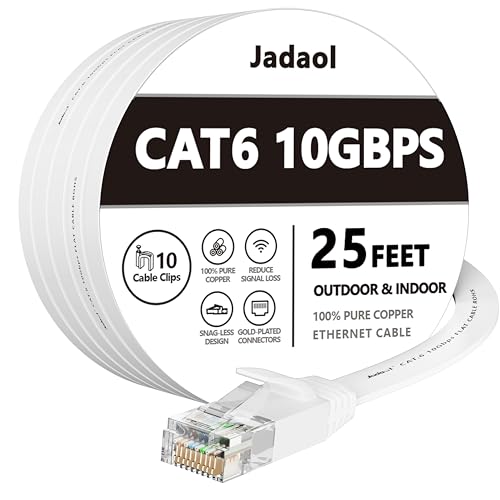 Jadaol Cat 6 Ethernet Cable 25 ft, Outdoor & Indoor 10Gbps Support Cat8 Cat7 Network, Flat RJ45 Internet LAN Computer Patch Cable for Router, Modem, Switch, Gaming Consoles, Streaming Devices, White - Image 1