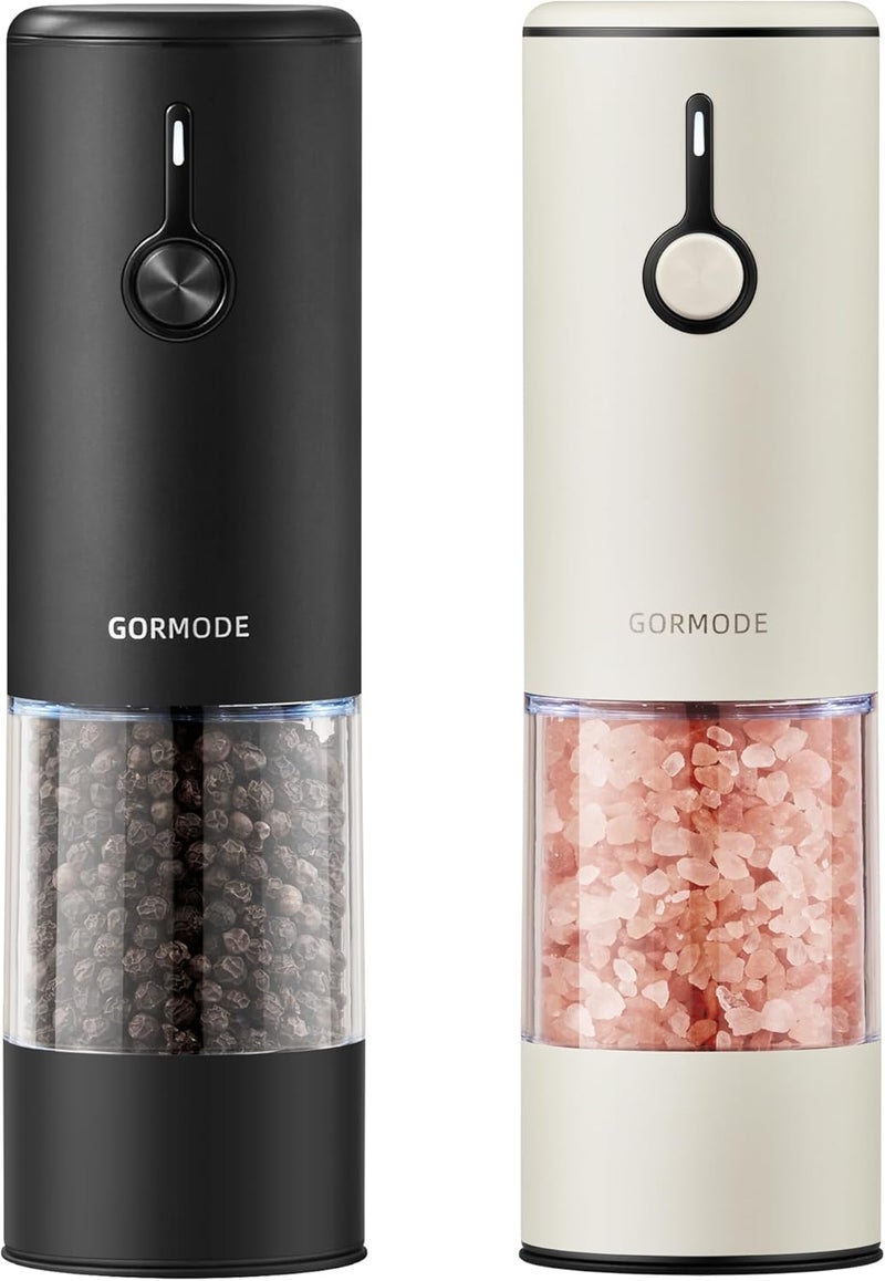 GORMODE Stainless Steel Rechargeable Electric Salt and Pepper Grinder Set, USB Charging with Dust Cover, 6 Adjustable Grinding Modes + LED Light 2packBlack+Cream - Image 1