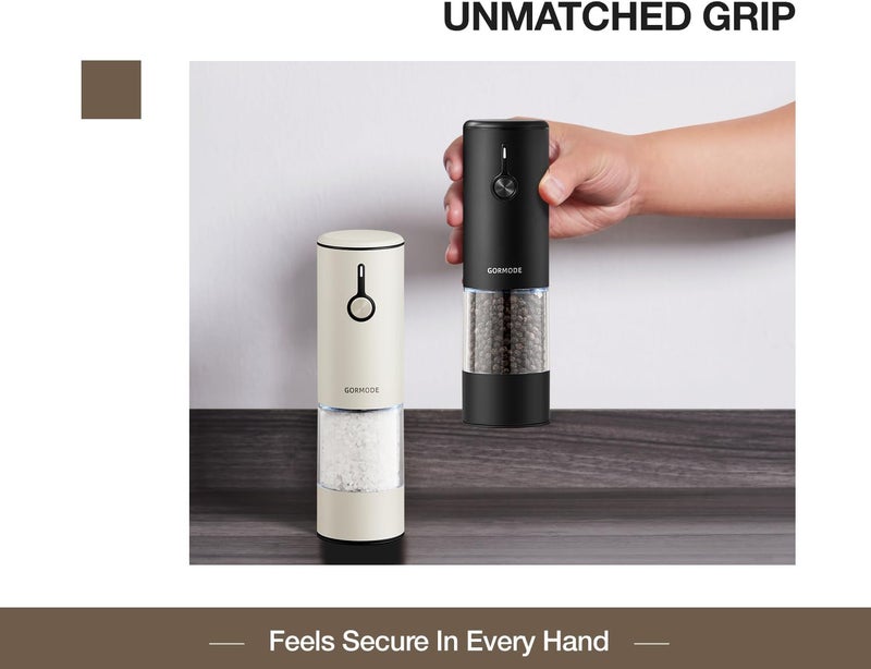 GORMODE Stainless Steel Rechargeable Electric Salt and Pepper Grinder Set, USB Charging with Dust Cover, 6 Adjustable Grinding Modes + LED Light 2packBlack+Cream - Image 5