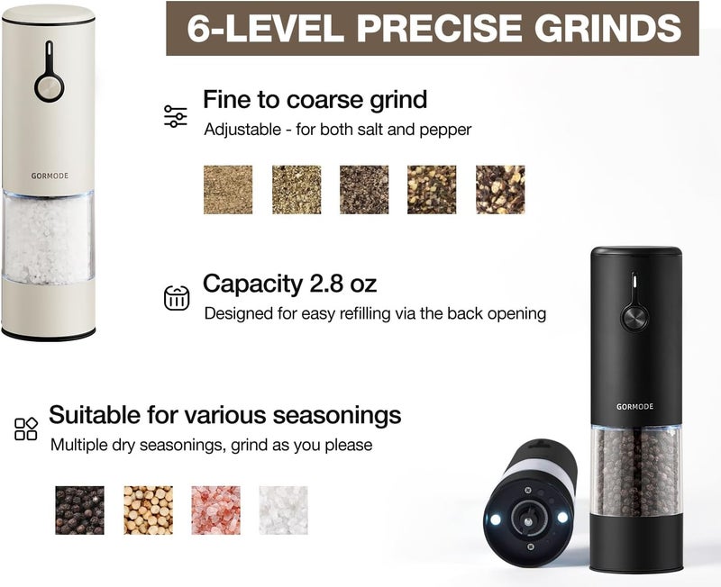 GORMODE Stainless Steel Rechargeable Electric Salt and Pepper Grinder Set, USB Charging with Dust Cover, 6 Adjustable Grinding Modes + LED Light 2packBlack+Cream - Image 3