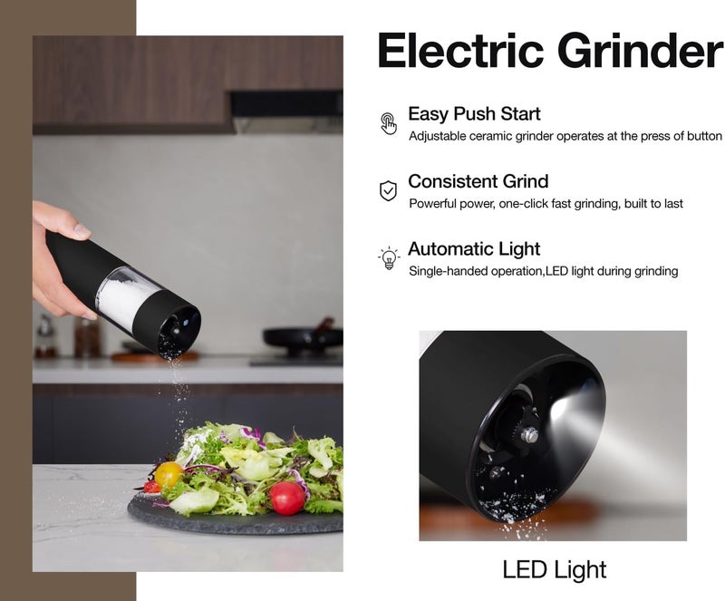 GORMODE Stainless Steel Rechargeable Electric Salt and Pepper Grinder Set, USB Charging with Dust Cover, 6 Adjustable Grinding Modes + LED Light 2packBlack+Cream - Image 2
