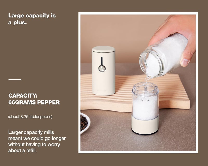 GORMODE Stainless Steel Rechargeable Electric Salt and Pepper Grinder Set, USB Charging with Dust Cover, 6 Adjustable Grinding Modes + LED Light 2packBlack+Cream - Image 4