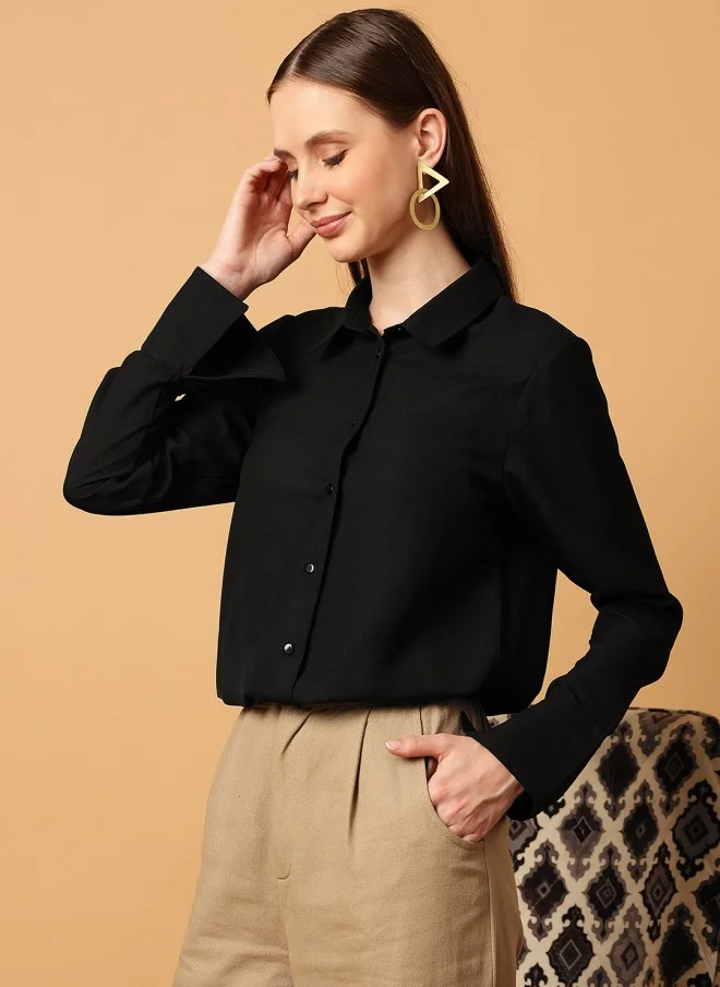 MINT STREET Black Casual Slim Fit Crop Shirt for Women