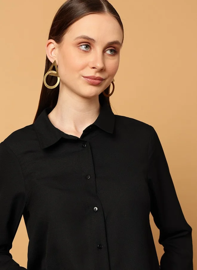 MINT STREET Black Casual Slim Fit Crop Shirt for Women