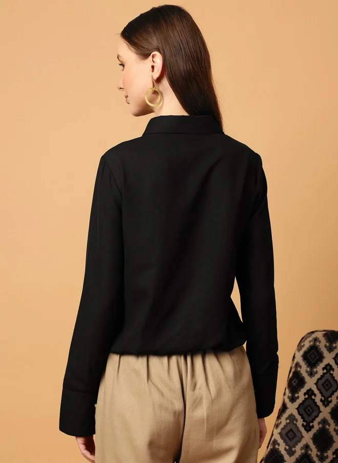 MINT STREET Black Casual Slim Fit Crop Shirt for Women