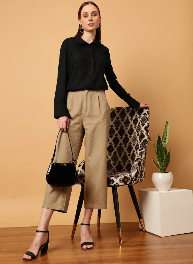 MINT STREET Black Casual Slim Fit Crop Shirt for Women