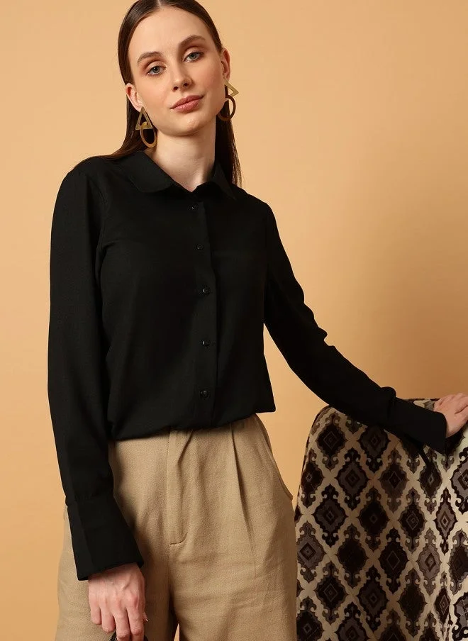 MINT STREET Black Casual Slim Fit Crop Shirt for Women