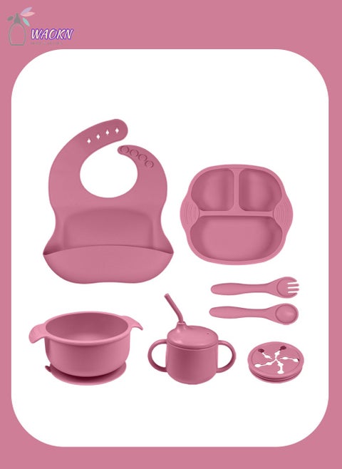 7-Piece Baby Silicone Tableware Set, Special For Infants To Eat Their Own Training Tableware Set, Including Dinner Plate, Complementary Food Bowl, Sippy Cup, Bib, Fork, Spoon, Snack Cover