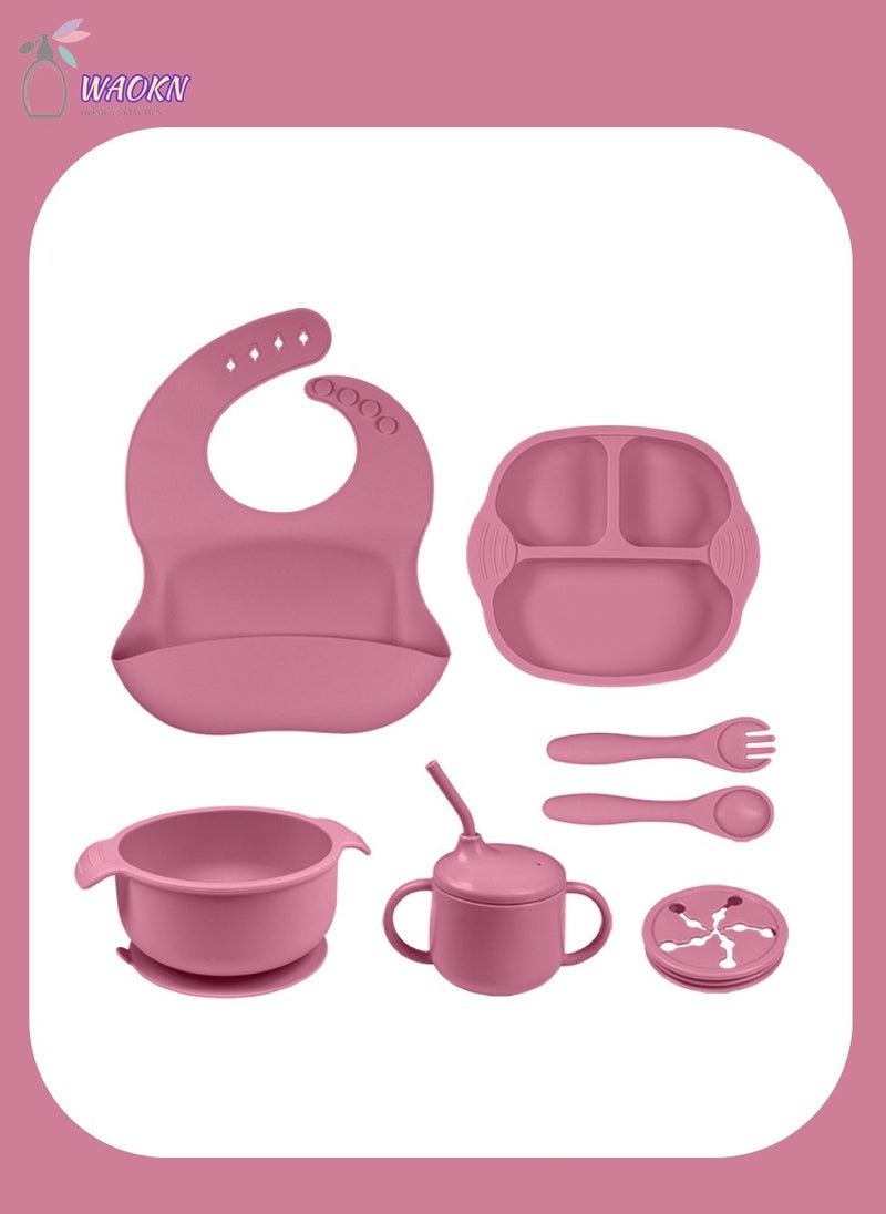 WAOKN - 7-Piece Baby Silicone Tableware Set, Special For Infants To Eat Their Own Training Tableware Set, Including Dinner Plate, Complementary Food Bowl, Sippy Cup, Bib, Fork, Spoon, Snack Cover - Image 1