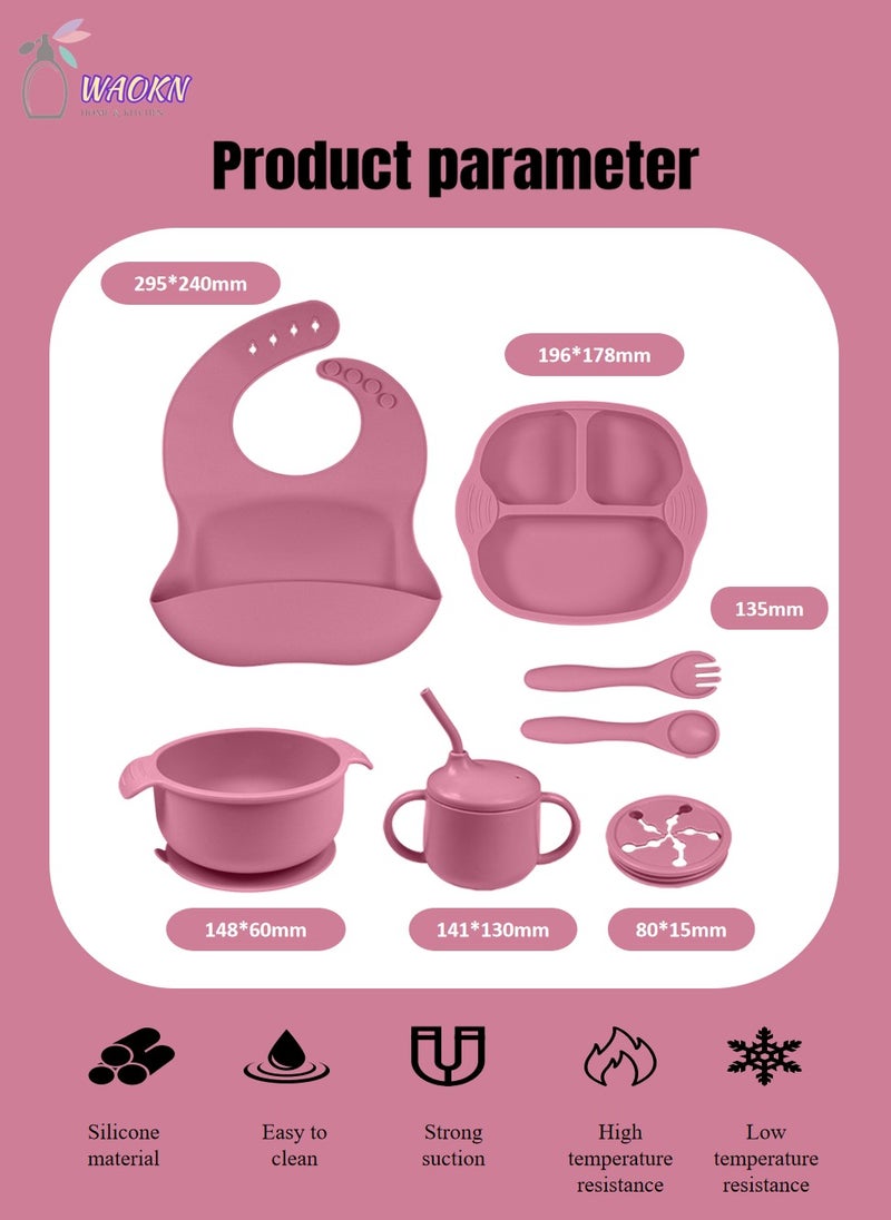 WAOKN - 7-Piece Baby Silicone Tableware Set, Special For Infants To Eat Their Own Training Tableware Set, Including Dinner Plate, Complementary Food Bowl, Sippy Cup, Bib, Fork, Spoon, Snack Cover - Image 1