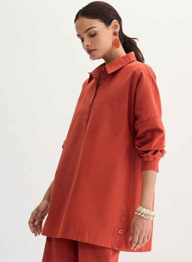 Femmella Rust Cotton Linen Button Detail Tunic