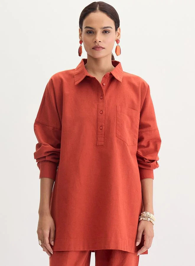 Femmella Rust Cotton Linen Button Detail Tunic
