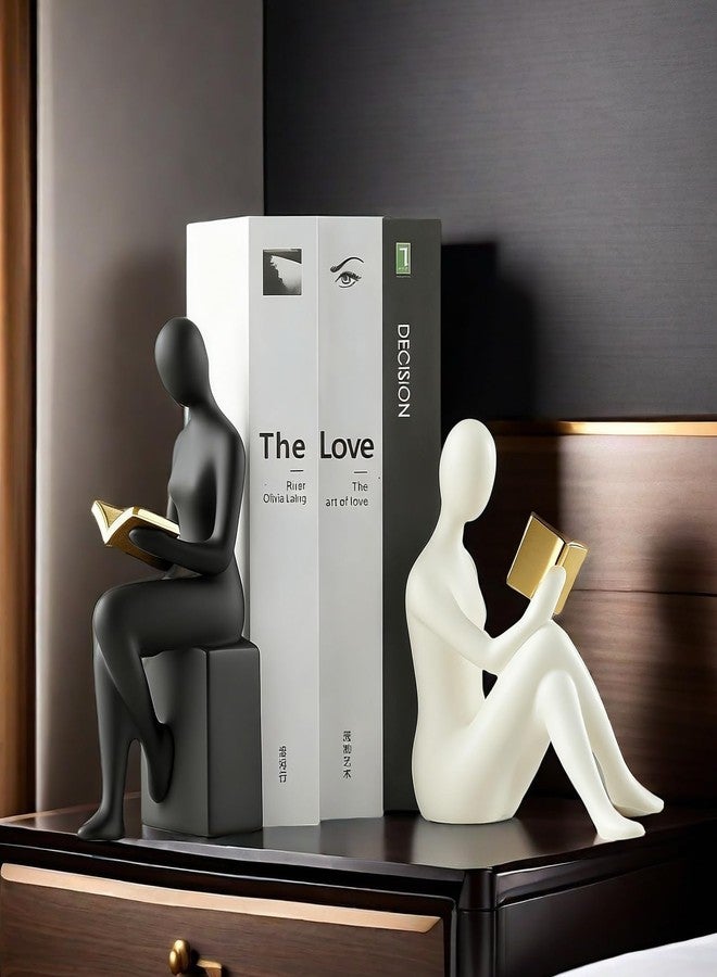 SHTWX Home Decorative Reading Women Girl Statue Bookends Elegant Resin Bookshelf Room Office Desk Decor,Paper Weights, Book Ends,Bookend Supports, Book Stoppers, Set of 2 (Black and White) - Image 1