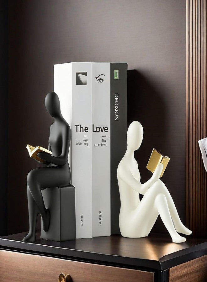 SHTWX Home Decorative Reading Women Girl Statue Bookends Elegant Resin Bookshelf Room Office Desk Decor,Paper Weights, Book Ends,Bookend Supports, Book Stoppers, Set of 2 (Black and White) - Image 3