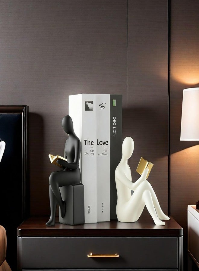 SHTWX Home Decorative Reading Women Girl Statue Bookends Elegant Resin Bookshelf Room Office Desk Decor,Paper Weights, Book Ends,Bookend Supports, Book Stoppers, Set of 2 (Black and White) - Image 2