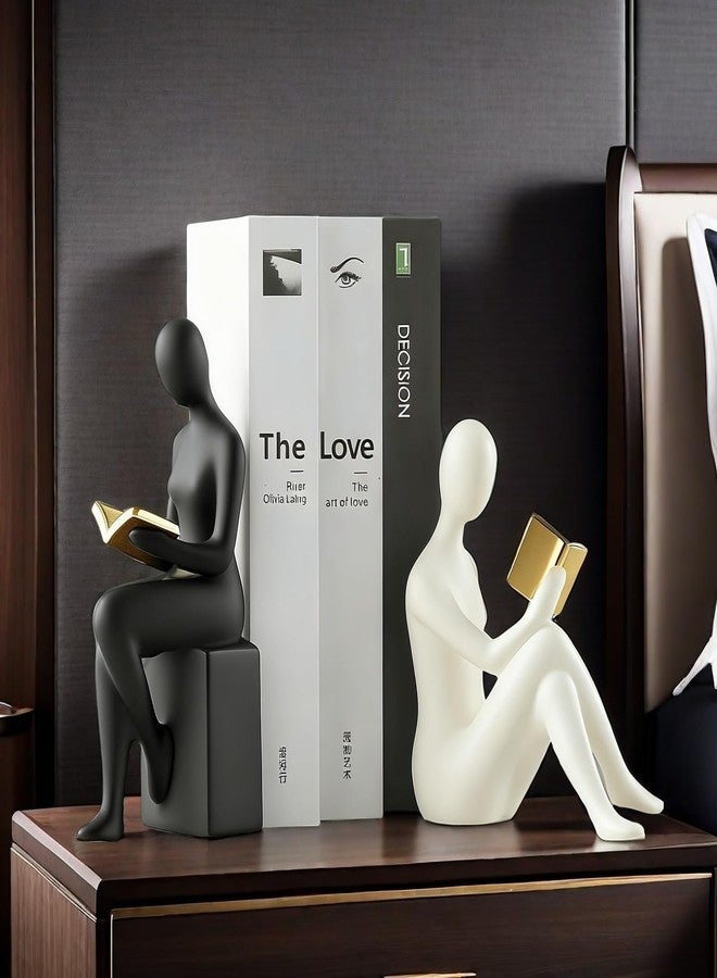 SHTWX Home Decorative Reading Women Girl Statue Bookends Elegant Resin Bookshelf Room Office Desk Decor,Paper Weights, Book Ends,Bookend Supports, Book Stoppers, Set of 2 (Black and White) - Image 4