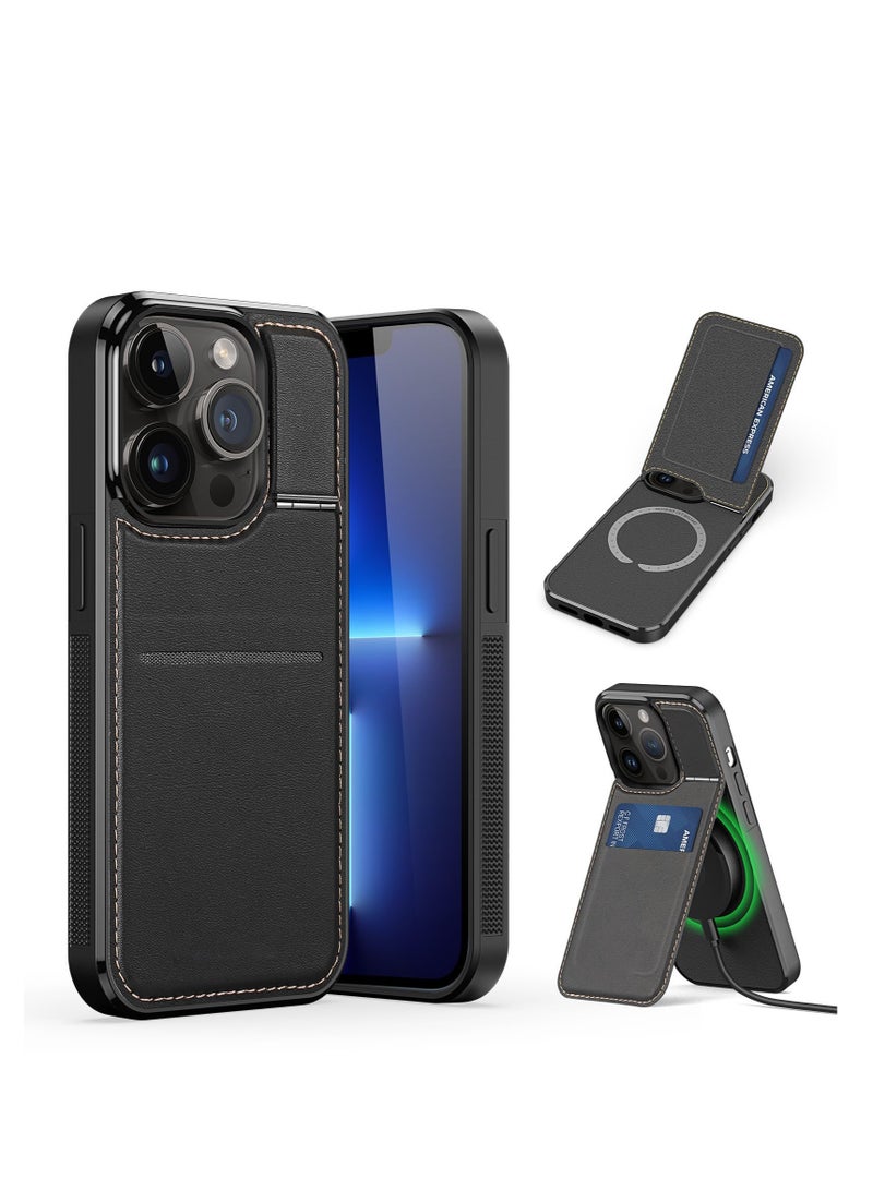KASTWAVE For iPhone 15 Pro Max Case, Magnetic Phone Case with Kickstand and Credit Card Holder, 3 in 1 Dual Card Protection Case, Leather Heavy Duty Protective Case Cover (Black) - Image 1