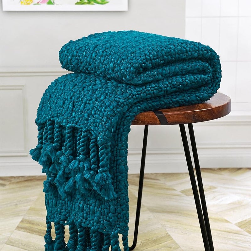 Dark Teal Chunky Knit Throw Blanket 50x60 Inches Hand Knitted Soft Yarn With Braided Tassels - Image 2