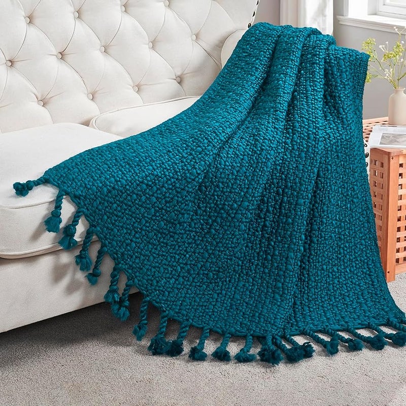 Dark Teal Chunky Knit Throw Blanket 50x60 Inches Hand Knitted Soft Yarn With Braided Tassels - Image 3